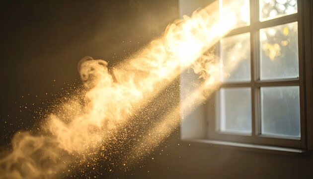 Bright sunbeams stream through a window, illuminating dust motes in a dark room