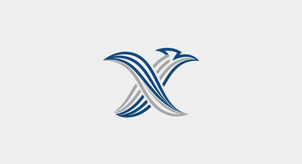 Fototapeta premium A stylized illustration of two birds in flight, forming an X shape with blue and white stripes.