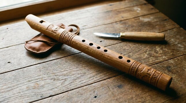 Wooden flute and knife on table.