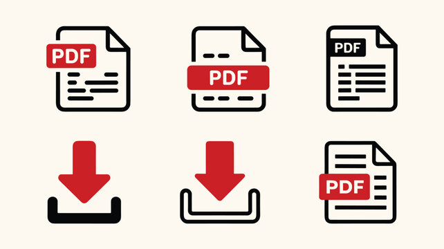Set of pdf file icons and download signs in flat and outline styles.