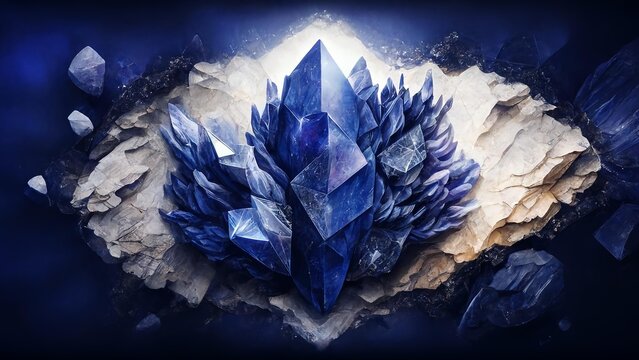 Deep blue crystal cluster growing from rocky geode, sharp facet and luminous core conveying purity, energy, and mystic focus.