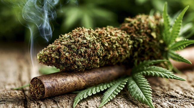 Cannabis flower smoking hemp dried herb leaf wooden table close up green brown joint smoke bud plant narcotic drug illegal drug raw natural texture macro relaxation aroma cultivation seed crop