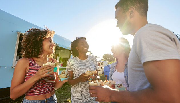 Happy Multiethnic Friends Sharing Street Food at Summer Outdoor Festival