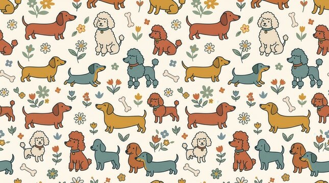 Numerous cartoon dogs, flowers, and bones form a cheerful retro pattern on a light background