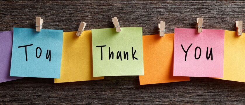 Colorful sticky notes clipped to a wooden background spell out a heartfelt message of gratitude and appreciation.