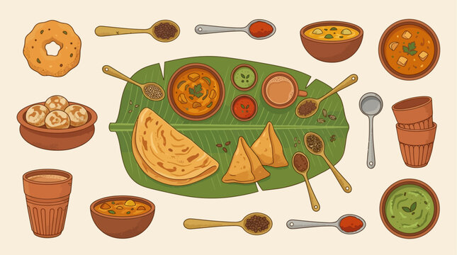 Vector illustration South Asian food spread. Traditional dishes vada, samosas, curries, flatbread, spices, clay cups on banana leaf. Celebrates regional cuisine