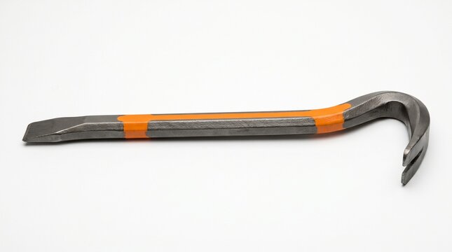 High-quality heavy-duty metal crowbar with orange painted grip and curved steel claw on clean white isolated studio background for construction, demolition, hardware, or home improvement themes.