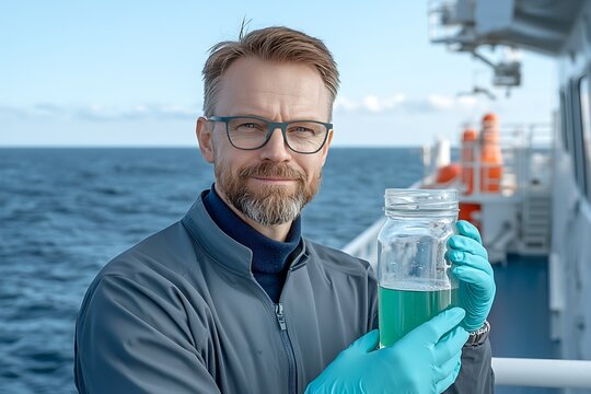 Male scientist on ship holding a glass container with blue liquid during ocean research expedition