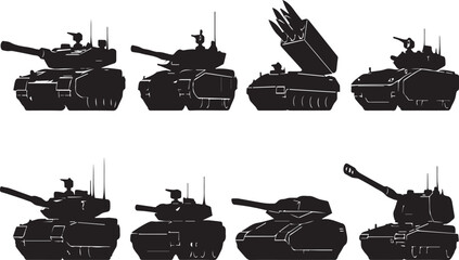 Collection of Military Tank Silhouettes and Armored Combat Vehicles Vector Set featuring Heavy Artillery, Missile Launchers, and War Machines for Defense and Military Operations Design. © raja