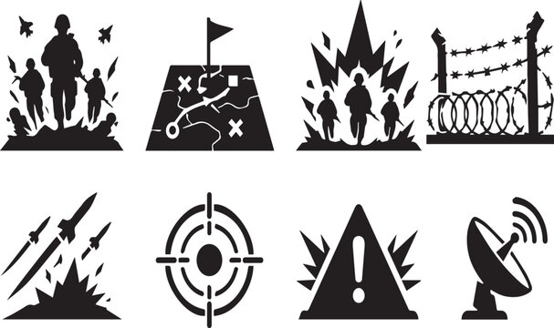 Military War and Combat Icon Set Featuring Soldier Silhouettes Tactical Maps Missile Launches Crosshairs Barbed Wire Fence and Radar Communication Graphics for Defense Designs.