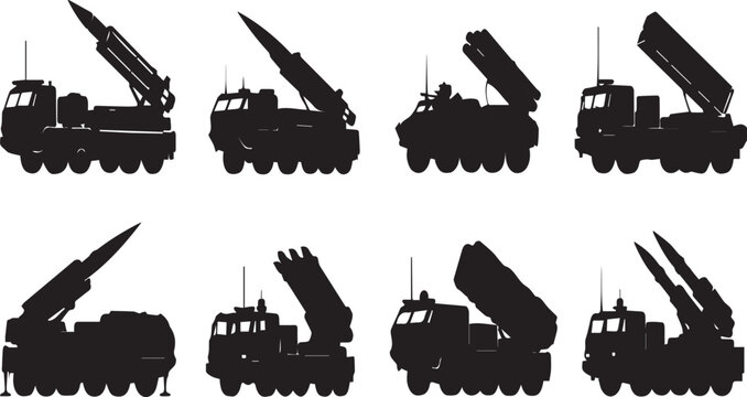 Military Missile Launcher Truck Silhouettes Set - Professional Vector Collection of Mobile Artillery, Rocket Launchers, and Defense Weaponry Icons for Graphic Design and Illustrations.