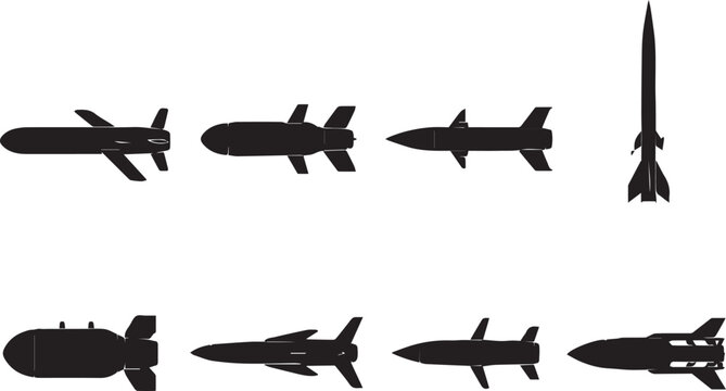 Set of Missile and Rocket Silhouette Icons Collection, Military Weapon Vector Isolated on White Backgroun