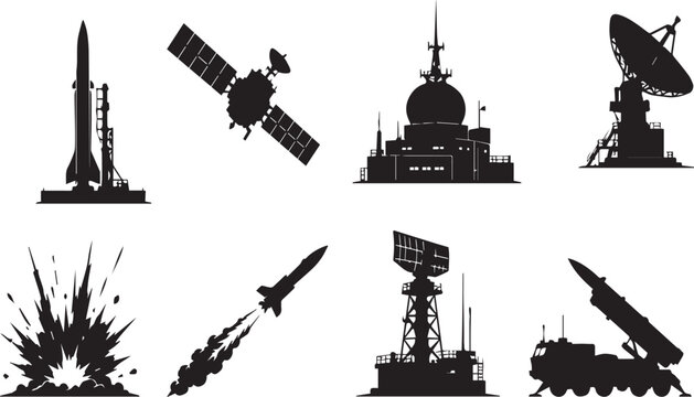 Military and Aerospace Vector Silhouette Set Featuring Rocket Launch, Satellite, Radar Dish, Missile Defense Systems, and Tactical Surveillance Icons for Graphic Design Projects.