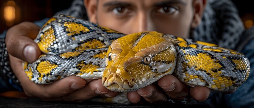 A man holds a vibrant yellow and grey patterned python, creating a dramatic background for themes of wildlife interaction and exotic pet care.