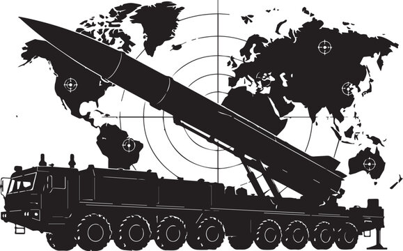 Strategic Military Ballistic Missile Launcher Silhouette against a World Map Background with Radar Targets Representing Global Conflict Nuclear Threat and Geopolitical Tensions.