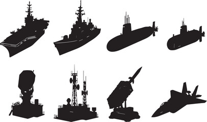 Comprehensive Military Naval and Air Force Silhouette Collection Featuring Aircraft Carrier, Battleship, Submarines, Missile Launcher, Radar Station, and Fighter Jet Vector Icons. © raja