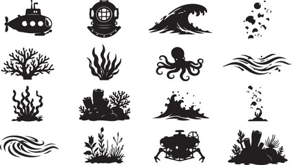 Underwater Ocean Life Silhouette Collection - Featuring Submarine, Octopus, Vintage Diving Helmet, Seaweed, Coral Reef, and Waves Vector Icons for Marine Exploration Designs © raja
