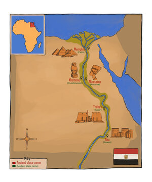 Hand Drawn Illustrated Map of Ancient Egypt with Nile River and Historic Cities &mdash; Educational Vintage Cartography PNG