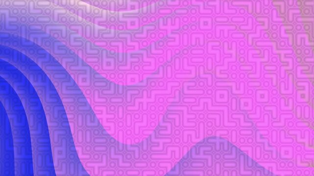 Abstract background with wavy gradient layers and geometric maze pattern in purple and pink.