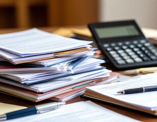 Fototapeta premium Stacked documents and papers on a wooden desk with a calculator and pen, showcasing an organized workspace for accounting or administrative tasks