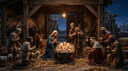 Fototapeta premium Traditional Christmas Nativity Scene with Baby Jesus Mary and Joseph