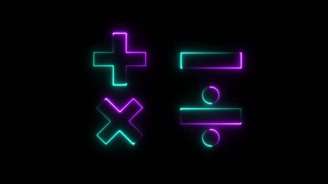 Glowing neon Mathematical operation icons including plus minus multiply divide symbols for calculator and education design.4k motion graphics video animation