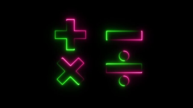 Glowing neon Mathematical operation icons including plus minus multiply divide symbols for calculator and education design.4k motion graphics video animation