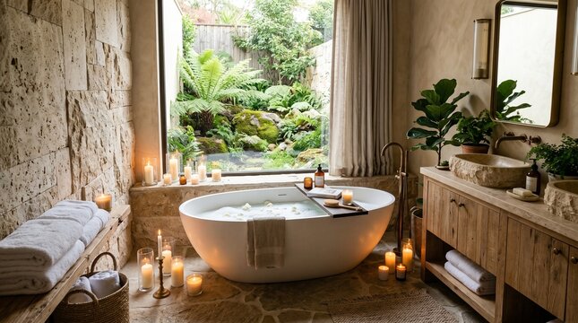 Luxurious spa bathroom with a freestanding tub, candles, and a view of a lush green garden courtyard