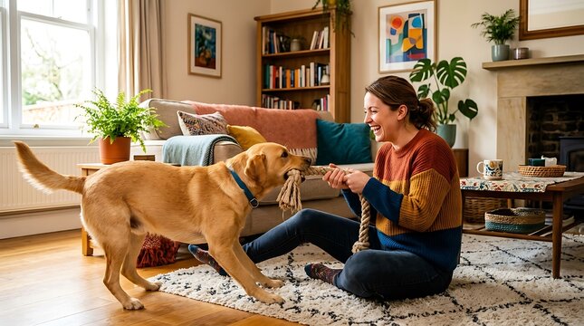 Happy woman playing tug of war with a golden retriever at home