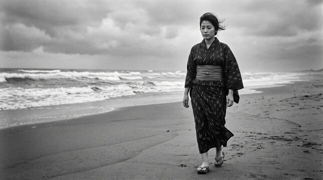 昭和の日本人女性：昭和40年代の風が吹く海岸を、浴衣姿で物憂げに歩く20代女性のモノクロ全身ポートレート