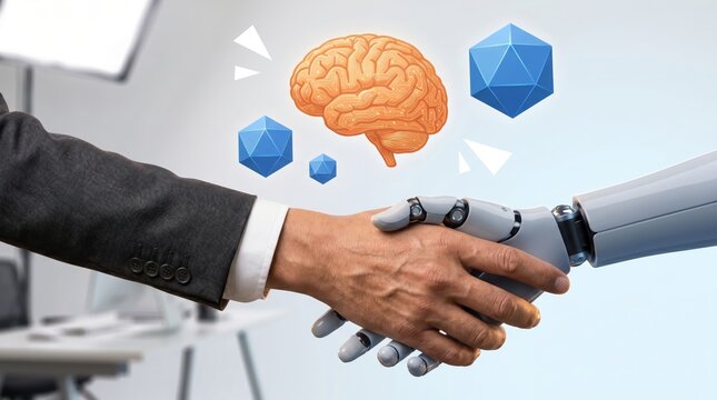 Human hand and robotic arm shaking with brain and geometric shapes machine learning partnership