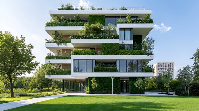 Modern multi-story residential building with lush greenery, balconies, glass windows, and contemporary architectural design