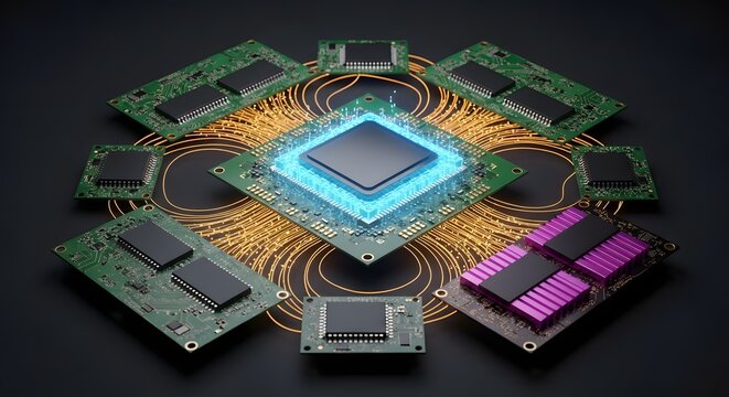 Futuristic microchip circuit board with glowing neon lights and digital data flow