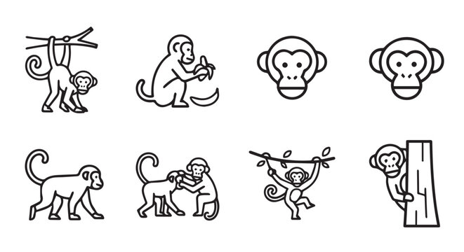 Playful monkey icons set with natural elements and simple faces for graphic design