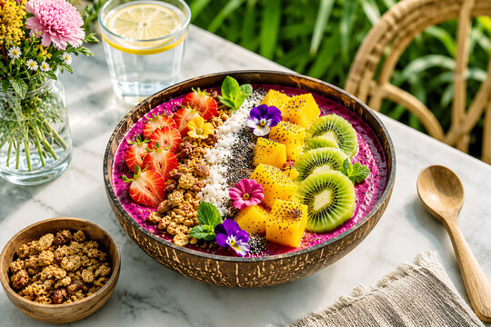 Vibrant Dragon Fruit Smoothie Bowl with Fresh Kiwi Mango Strawberries Granola and Edible Flowers Healthy Breakfast Concept