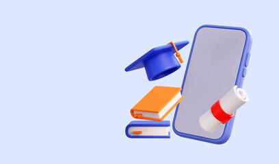 Digital online education learing at home concept. E-learning on smartphone with books and graduation cap 3d render