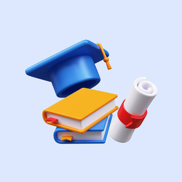 Education concept graduation hat with degree scroll and books 3d render