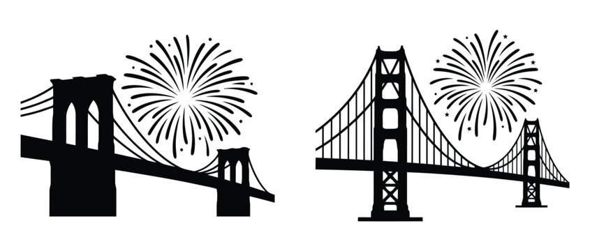 Black silhouette of brooklyn and golden gate bridges with fireworks Vector