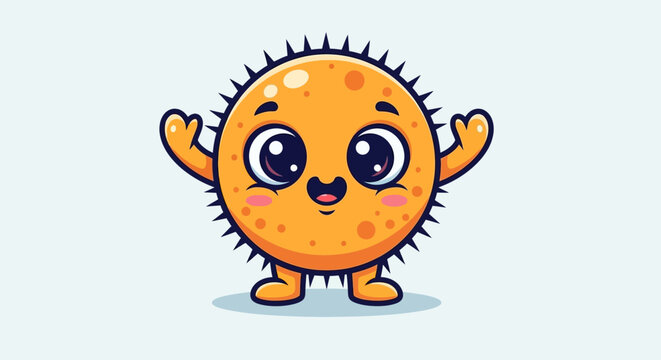 A cartoon pufferfish character waves playfully on a light blue background with illustrations.