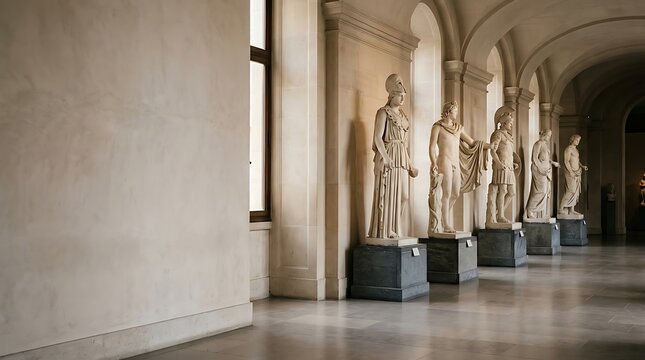 Classical marble statues lined up in a grand museum gallery