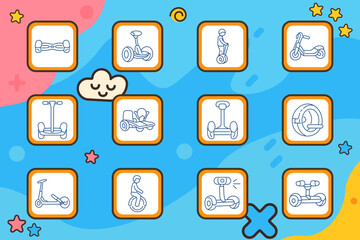 Micro mobility transport set icon. Hoverboard, segway, scooter, monowheel, rider, electric ride, urban transport, wheel device, street commute, eco mobility, modern travel © Кирилл Макаров