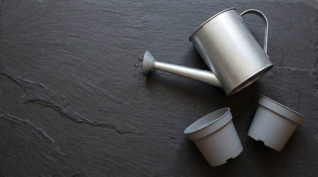 Metal watering can with droplets and two empty plastic flower pots on dark slate background with copy space