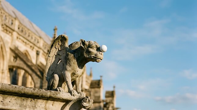 Ancient stone gargoyle balancing a golf ball on its nose