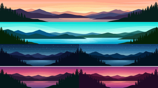 Serene Mountain Landscape Banners featuring layered mountains, pine forests, and calm lakes at sunrise, day, night, and twilight ideal for website headers and nature-themed graphic design.