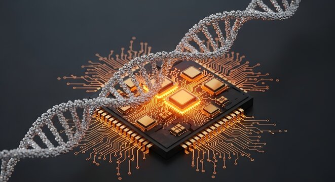 Glowing Microchip with DNA Strand Digital Technology Concept Dark Background