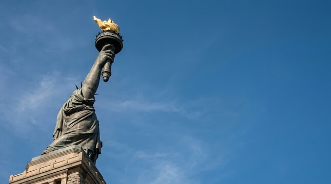 Iconic copper monument torch held high against a clear blue sky