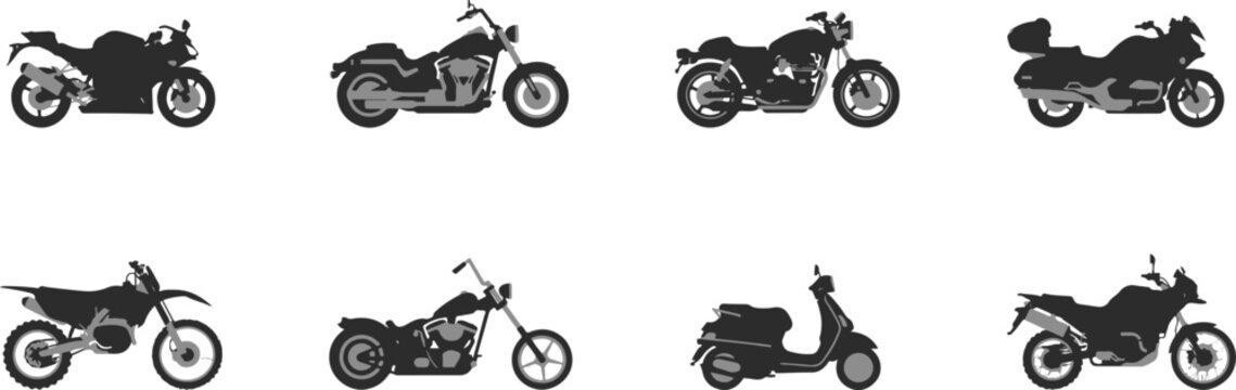 Motorcycle Type and Model Objects icons Set. Silhouette vector illustration