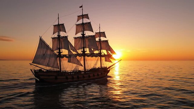 Majestic tall ship sailing on calm ocean waters during a golden sunset at sea