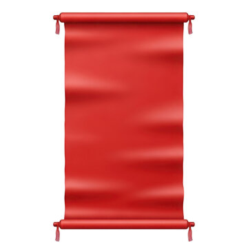 A vertical red paper scroll with wooden rollers isolated for ancient messages and festive announcements