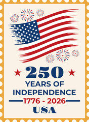 Fototapeta premium USA 250 years of independence day postage stamp design with american flag and fireworks. Vector illustration